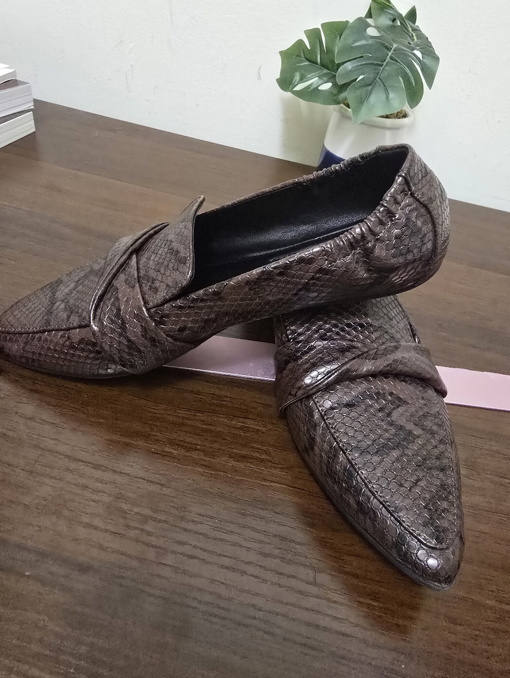 Karlie Brown Snake-Print Pointed Slip-On Loafers